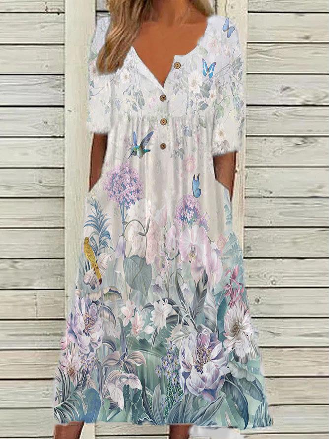 2026 Spring V-Neck Button Short-Sleeve Maxi Dress with Pockets