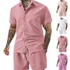 Herren Knitterstruktur 2-teiliges Set Kurzarm Hemd mit Knöpfen & Shorts mit Kordelzug Sommer Strand Freizeit Passendes Outfit
