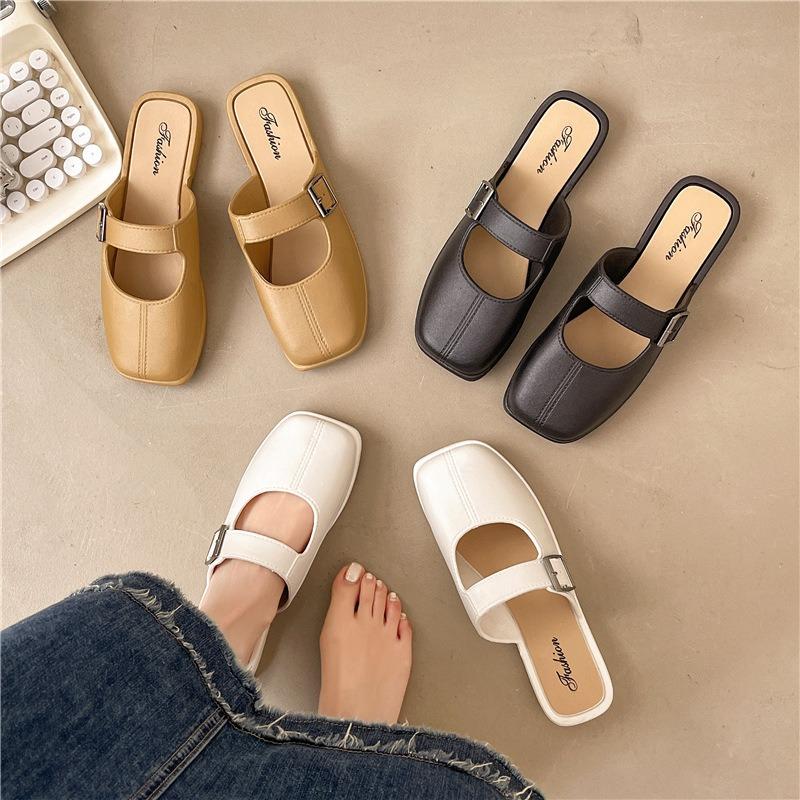 Neue halbe Packung Nischentasche Kopf Sandalen Damenschuhe Retro flacher Boden eckiger Kopf Mode Einzelschuhe