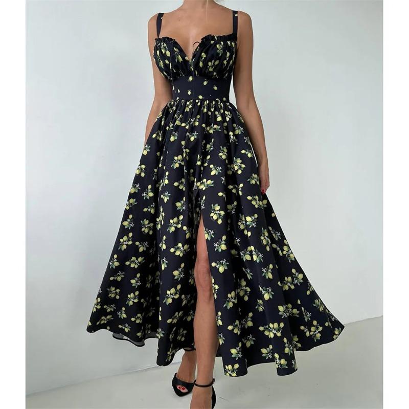 

Летнее платье с V-образным вырезом и лимонным принтом, вечернее облегающее платье, элегантное длинное платье для женщин, облегающее платье без рукавов для женщин D555 S