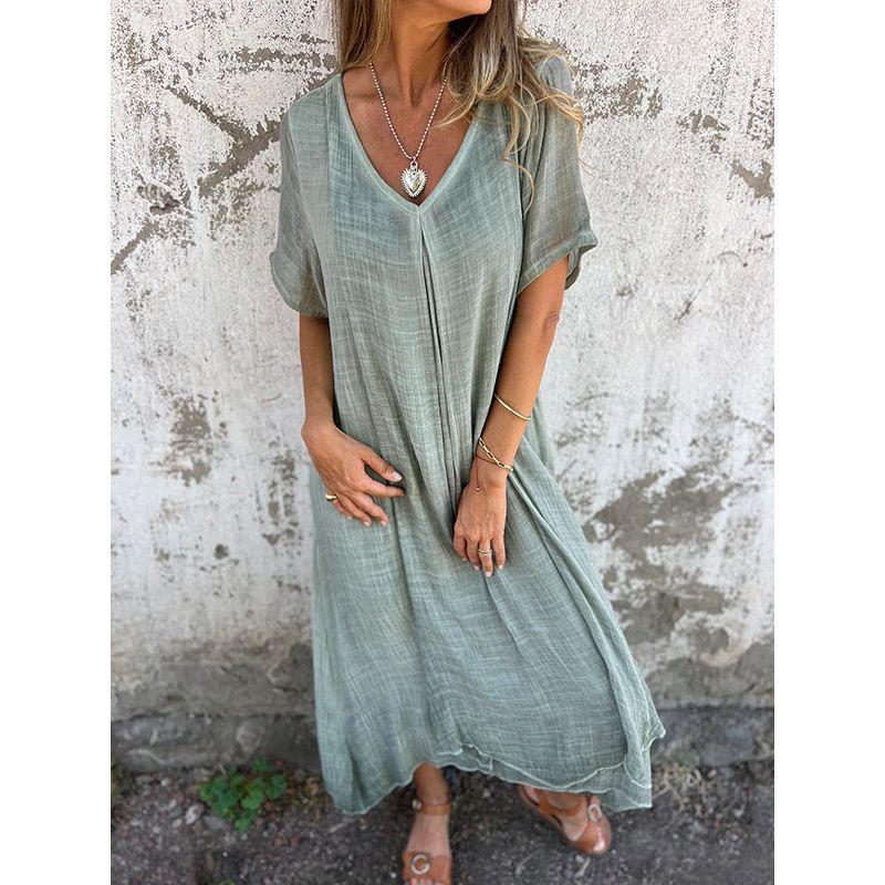 Short Sleeve V-neck Solid Color Dress Women's Short Sleeve V Neck Pure Color Dress