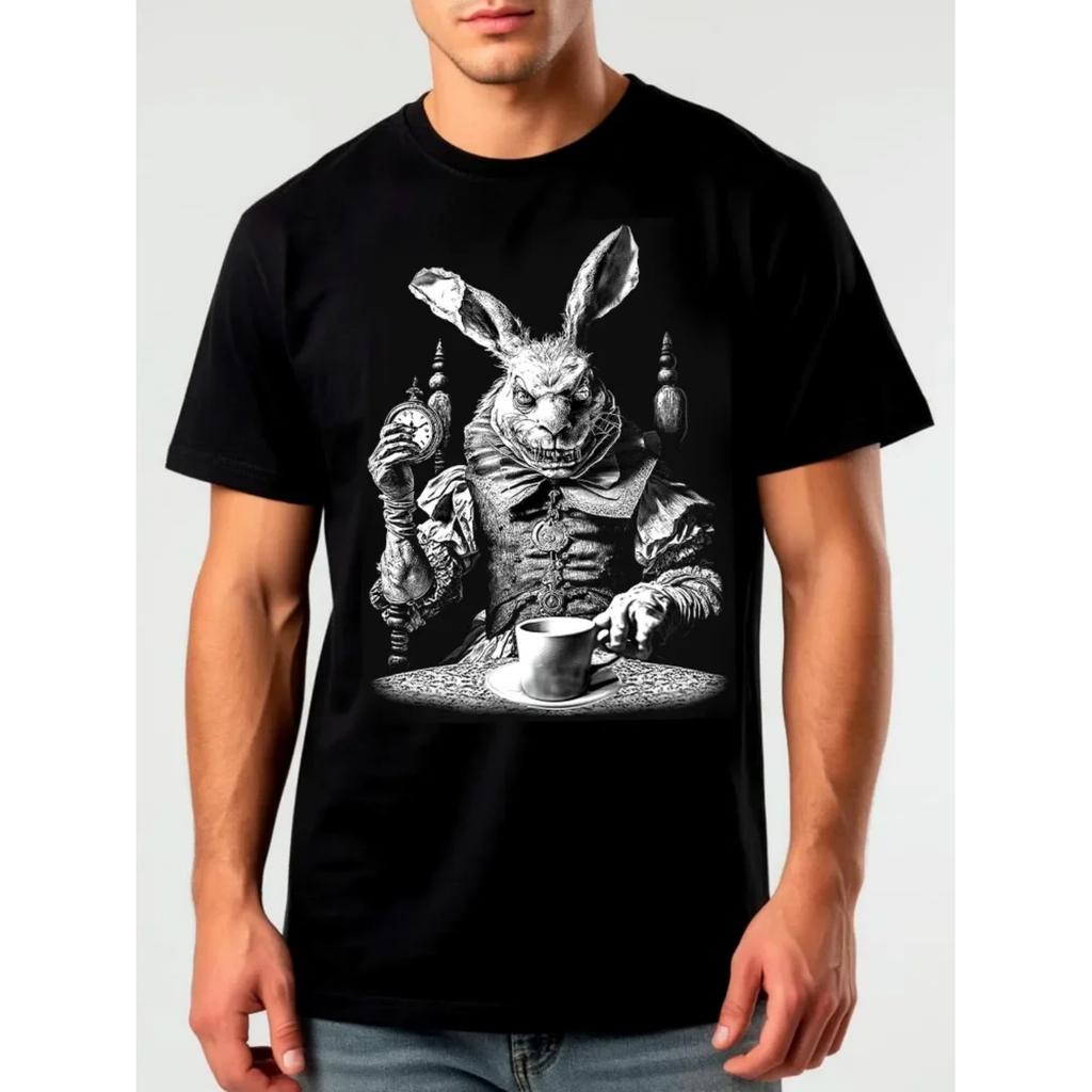 Alice στην Χώρα των Θαυμάτων Λευκό Κουνέλι T-Shirt Γοτθική Σκοτεινή Τέχνη Σχέδιο Γραφικό T-Shirt Vintage Φλιτζάνι Τσαγιού Τυπωμένο T-Shirt Casual Μόδα Κορυφή_