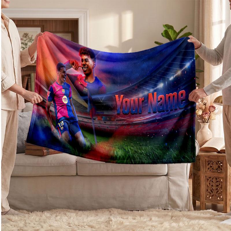 Coperta in pile personalizzata Lamine Yamal con logo del calcio, testo con nome personalizzato, morbida, calda, coperta da divano per la casa