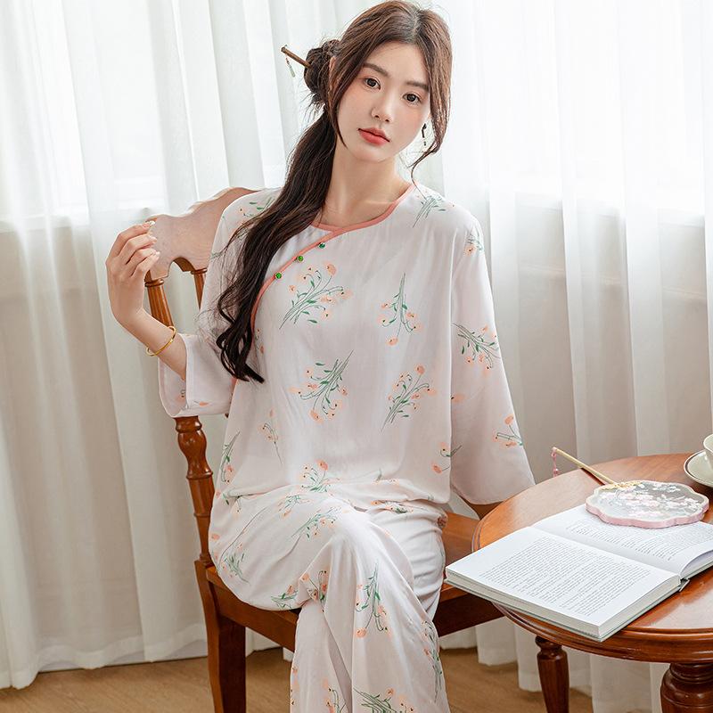 Pajamas women's spring and autumn silk new Chinese loungewear can be worn outside the national style middle-aged and elderly mother's cotton and silk