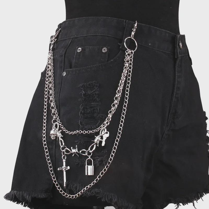 Unisex Punk Hip-Hop Multi-Layer Waist Chain Trouser Padlock