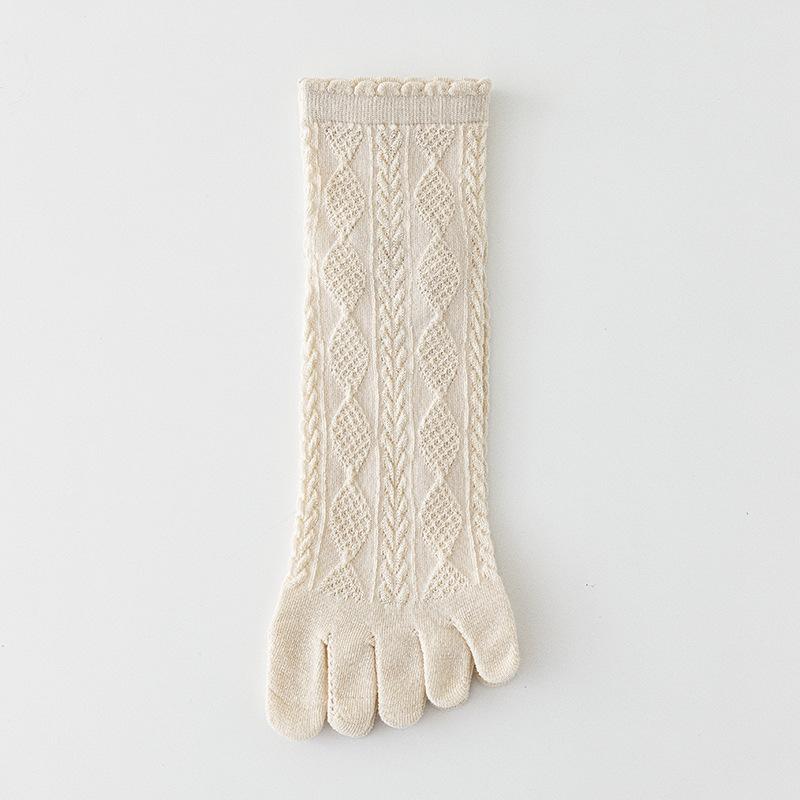 6 Pairs Women Spring and Autumn Pure Cotton Five Finger Socks Retro Solid Color Lace Striped Split Toe Socks Vintage Comfortable Socks