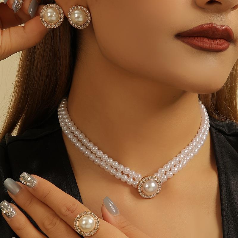 Retro Sada Náhrdelníku, Náušnic a Prstenu z Umělé Perly | Dámské Minimalistické Dvouvrstvé Trendy Šperky