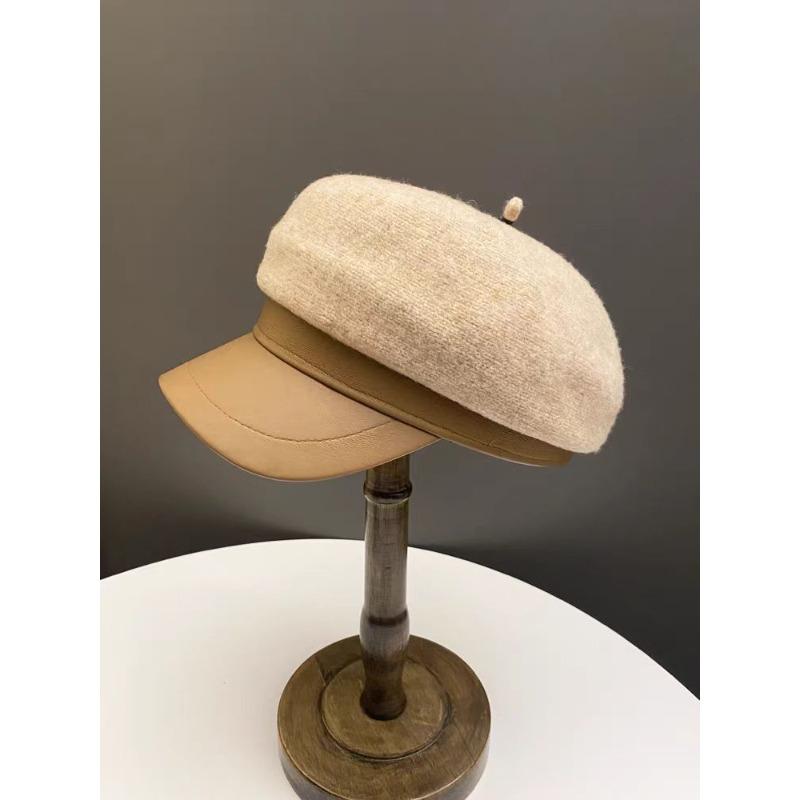 

Simple PU Leather Brim Octagonal Hat Women s Autumn and Winter Woolen Peaked Cap Versatile Newsboy Hat one size