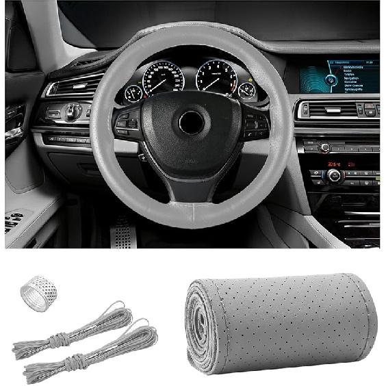 Ziciner Genuine Leather Steering Wheel Cover, Stitch On Wrap, Breathable Anti-Slip Car Steering Wheel Protector For Max Diameter 15 Inch, DIY Sewing