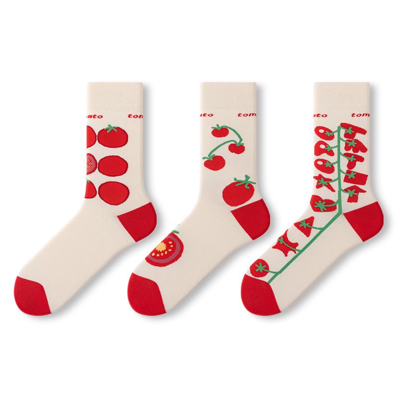 

3 пары модных унисекс антибактериальных носков до середины икры с ручной росписью на тему помидоров для пар - оригинальный дизайн, рождественское издание One Size