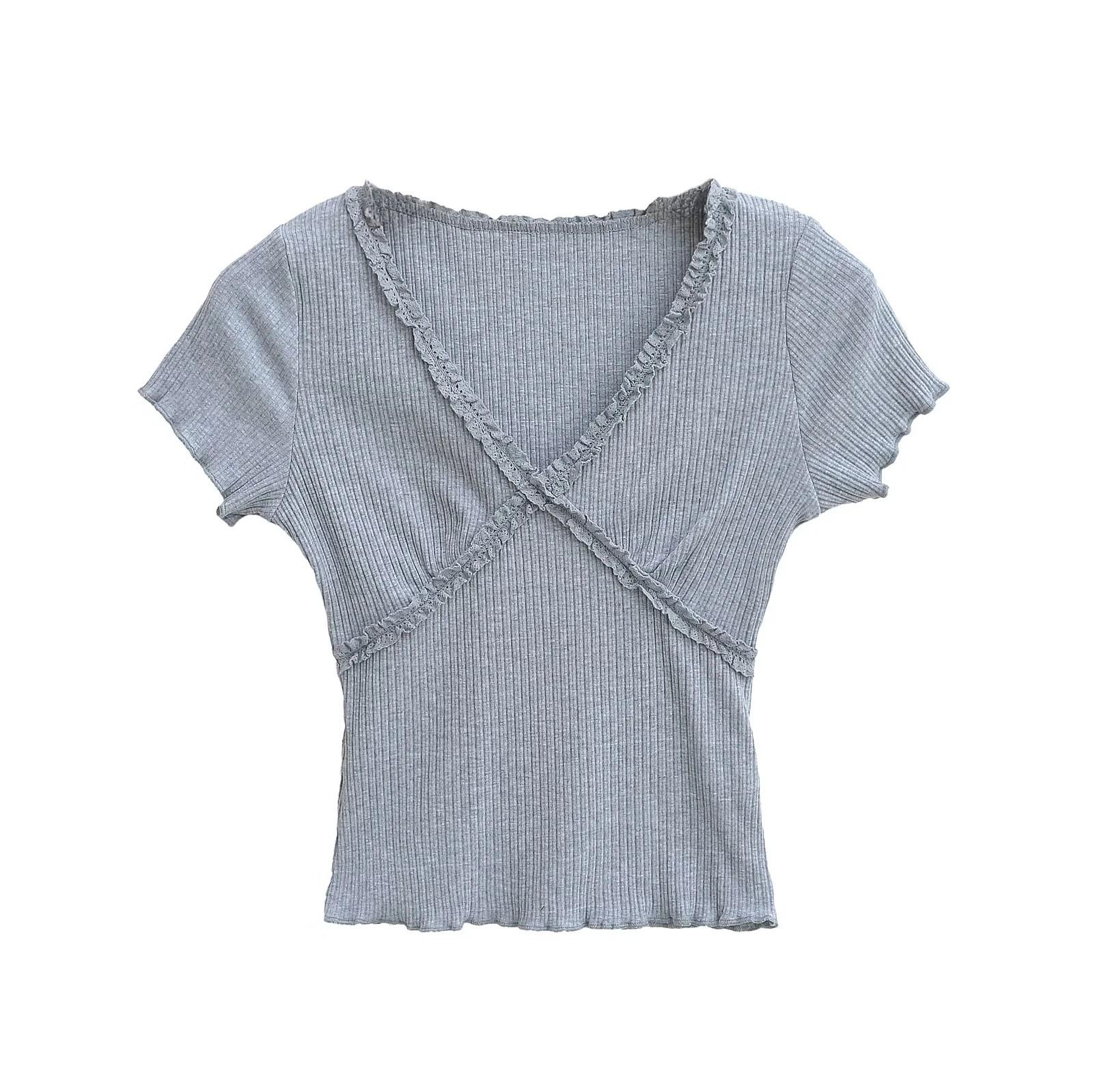 

Женский милый топ с оборками, V-образным вырезом, кружевом, приталенного силуэта, с короткими рукавами - Коллекция Лето 2025 Medium хизер серый