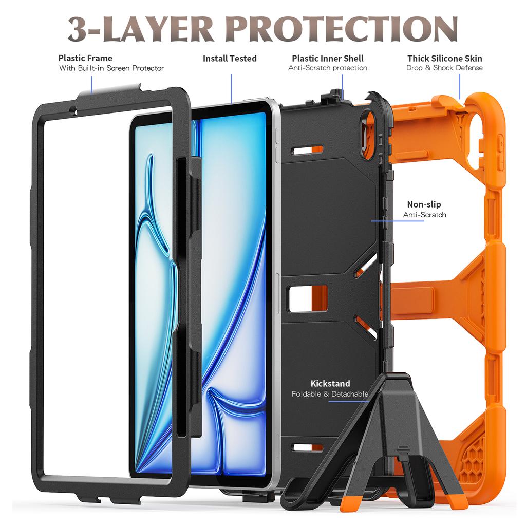 For iPad Air 11 (2025)/(2024) Case with Built-In Screen Protector Kickstand PC + Silicone Tablet Cover