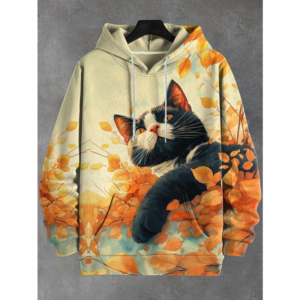 Cartoon Space Cat Pattern Hoodie Men's New Autumn/Winter Loose Pullover Sports Sweatshirt
