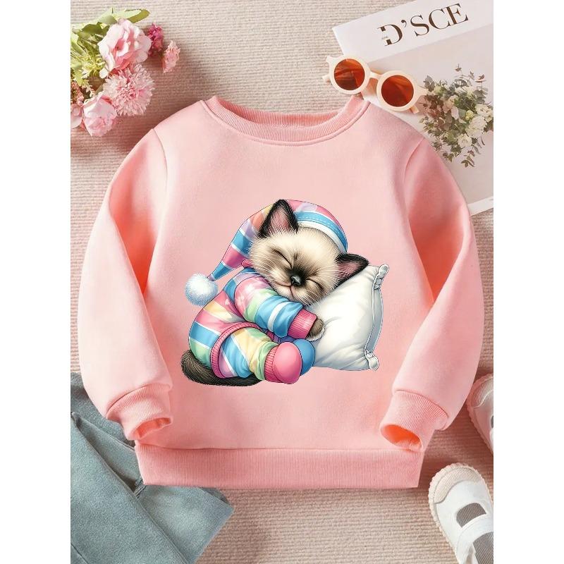 Girls' Pastel Cat Print Sweatshirt - Soft Pastel Pink & Blue Sleeper Design, Cozy Loose-Fit Long Sleeve Crewneck