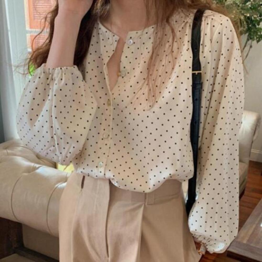 New ArrivalS Open Run Women S overSized Spring Dot No Collar blouSe Chiffon