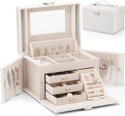 Vlando Jewelry Box, Birthday Gift, Storage, Accessory Case, Large Capacity Jewelry Box, Mother's Day Sweet Gift, with Mirror, for Earrings, Necklaces,