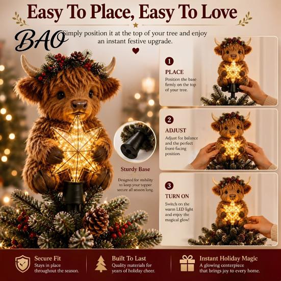 Puntale Stella per Albero di Natale Mucca delle Highlands Puntale Luminoso, Decorazione Illuminata con Ornamenti per Casa Ufficio Festività LED Caldi, Ornamento a Batteria per