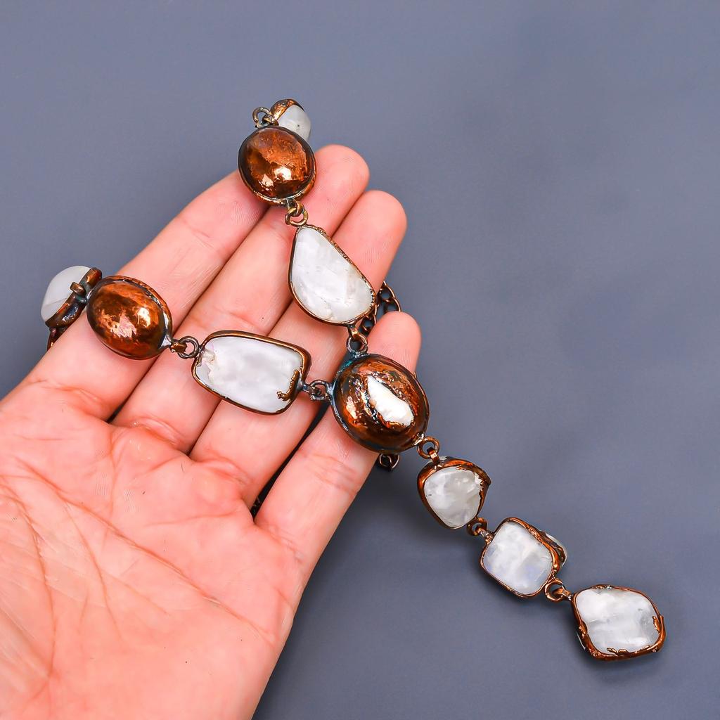 Crown Chakra Rainbow Moonstone Gemstone Copper Chain Engagement Necklace Jewelry V-18
