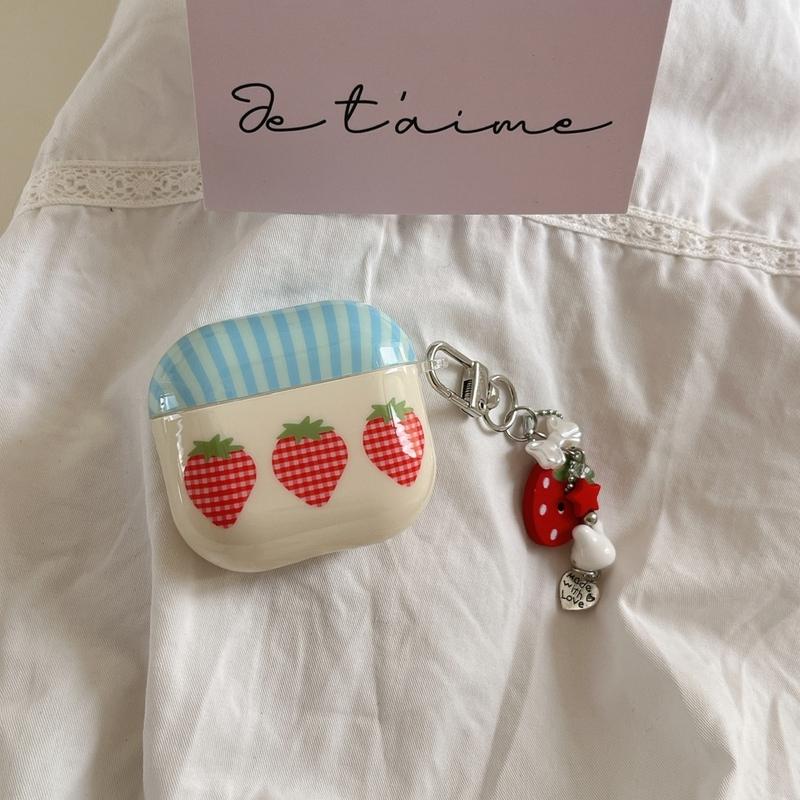 Blue Stripe Cute Plaid Pattern Three Strawberries With Charm Pendant Earphone Case Cover for AirPods 1 or 2 3 4 Pro 2 Pro 3