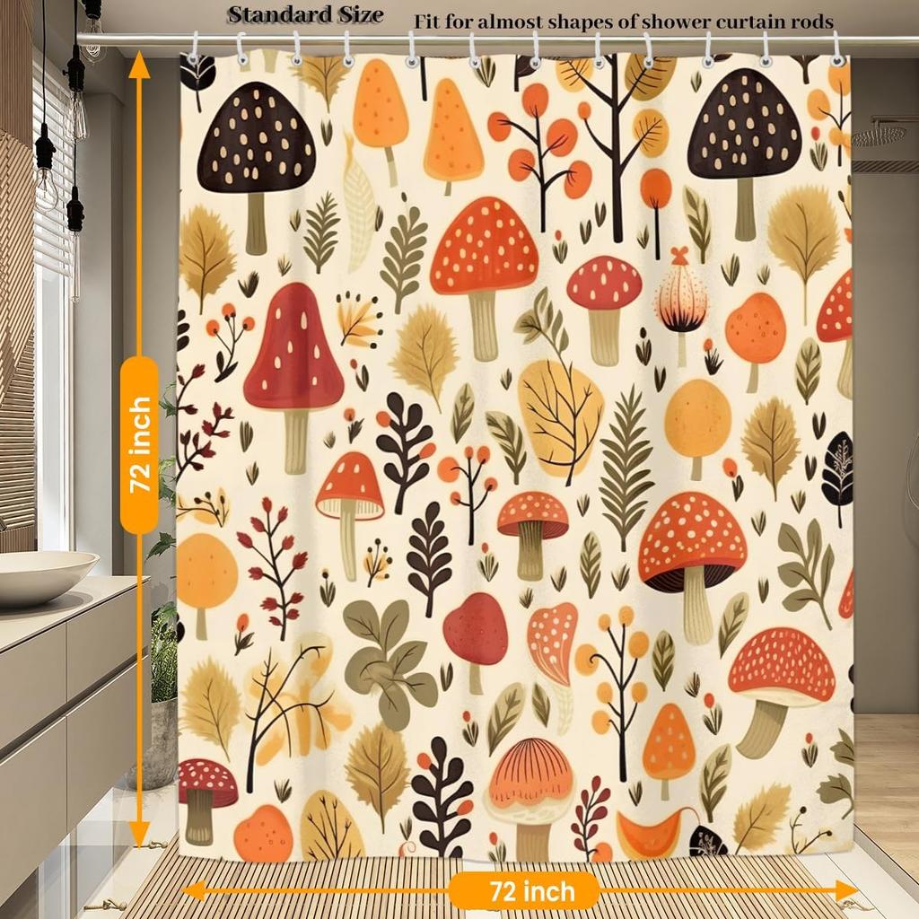 Pardick Tropical Leaves and Mushroom Shower Curtains 72x72 inch Spring Bathroom Shower Curtain Set with 12 Hooks, Polyester Fabr