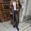 Womens Suede-Like Long Trench Coat With Notched Lapel Slim Fit Khaki Brown Office Chic