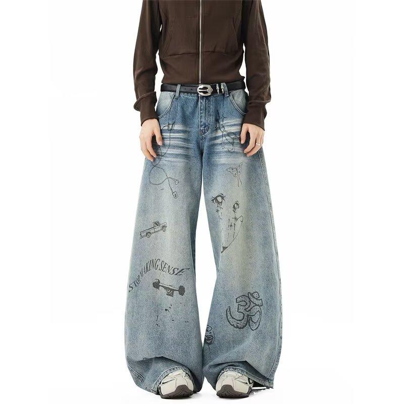American retro graffiti jeans men's and women's loose straight design wide-leg pants men's trendy brand casual versatile trousers