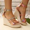 Laser Pink Narrow Band Sandals Women Round Toe Chunky Platform Wedge Heel Sandals Brand Design Ankle Strap Party Shoes