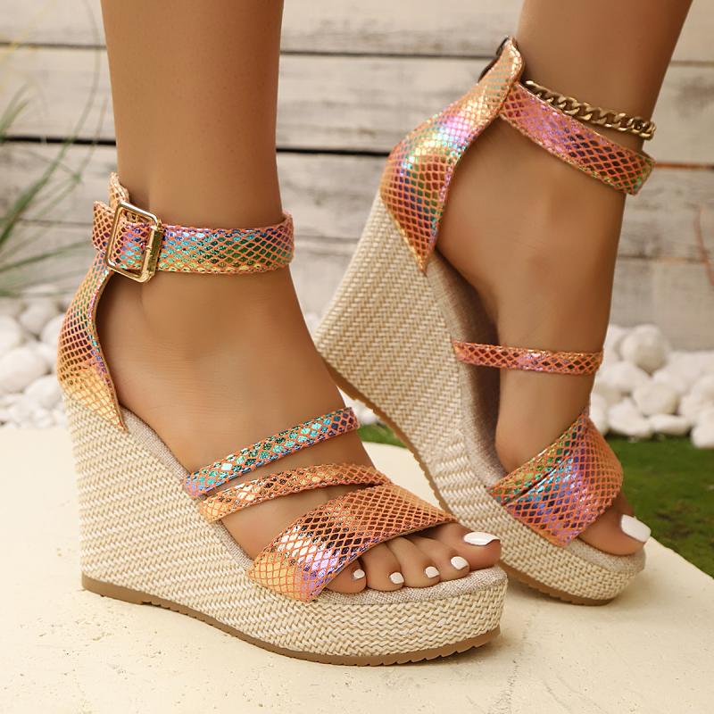 Laser Pink Narrow Band Sandals Women Round Toe Chunky Platform Wedge Heel Sandals Brand Design Ankle Strap Party Shoes