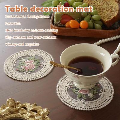 12cm Vintage Lace Coaster, French Embroidery Craft Placemat, Aesthetic Fabric Coffee Cup Mat, Retro Photography Props for Home