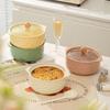 Creamy Style Double-Handle Ceramic Noodle Bowl with Lid