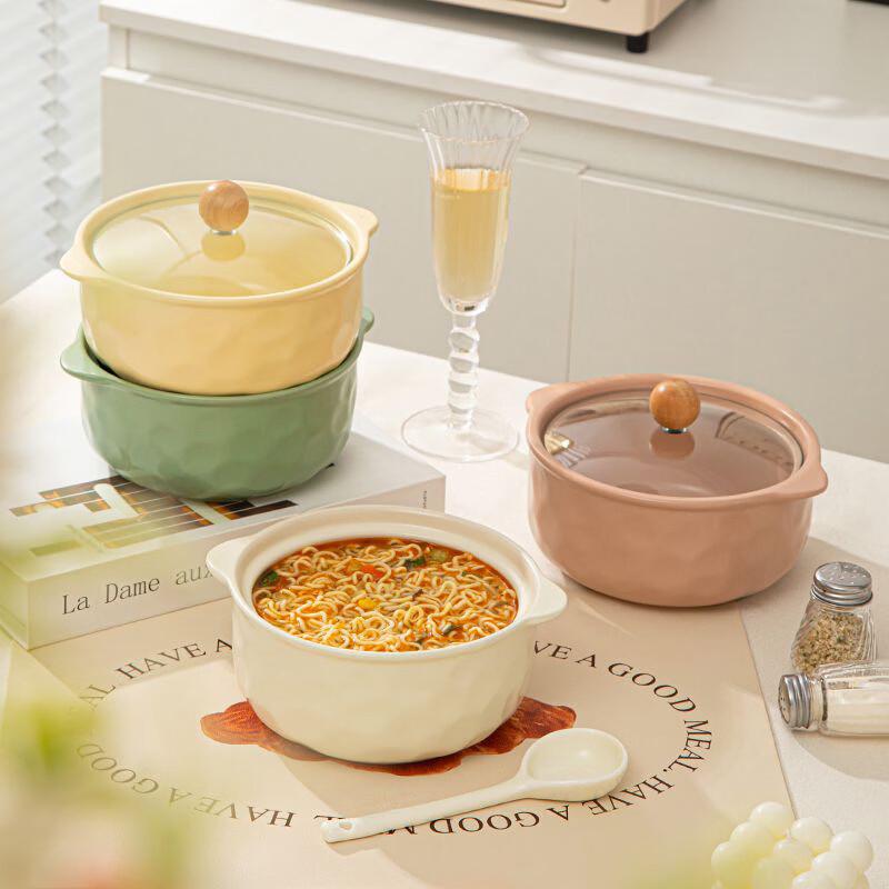 Creamy Style Double-Handle Ceramic Noodle Bowl with Lid