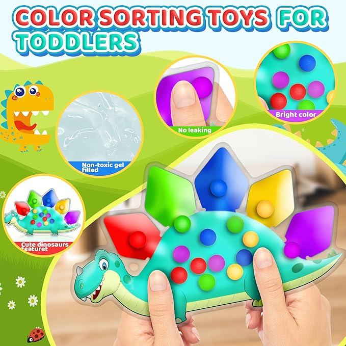 Dinosaur Color Sorting Sensory Toy for Toddlers 1-3, Travel Essential Roadtrip Toy for Boys Girls, Fine Motor Montessori Fidget Presch