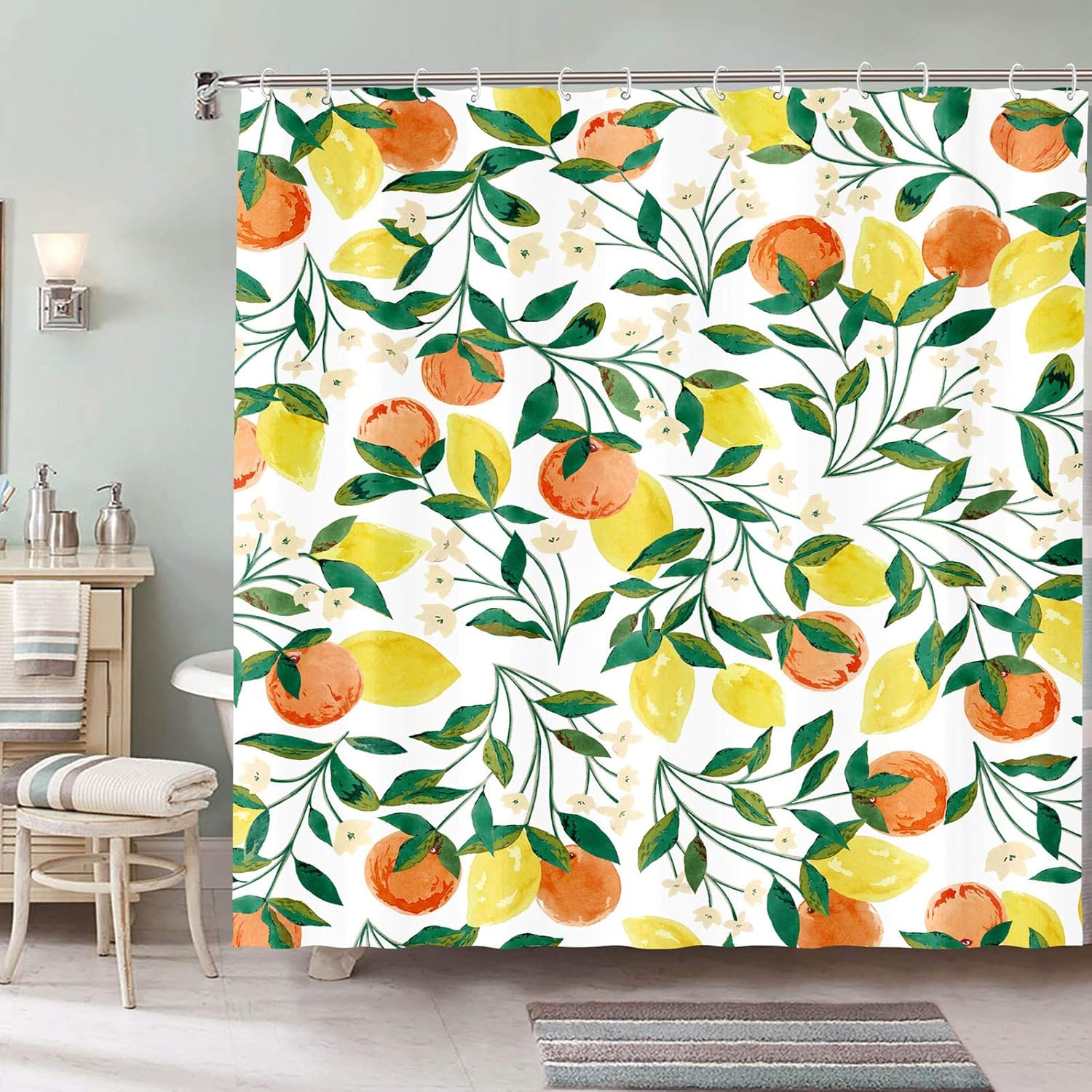 

Watercolor Lemon Peach Shower Curtain Fruit And Flower Theme Nature Botanical Summer Bathroom Decor Hooks W60H190(CM)-1 Pcs