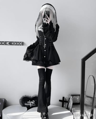 [XHSUKADO] Lace-up "Jirai-kei" (Landmine) Style Dress for Women - Cute Long Sleeves, Detachable Cross Ribbon Brooch, Frills, Lace, Flared Sleeves, A-l