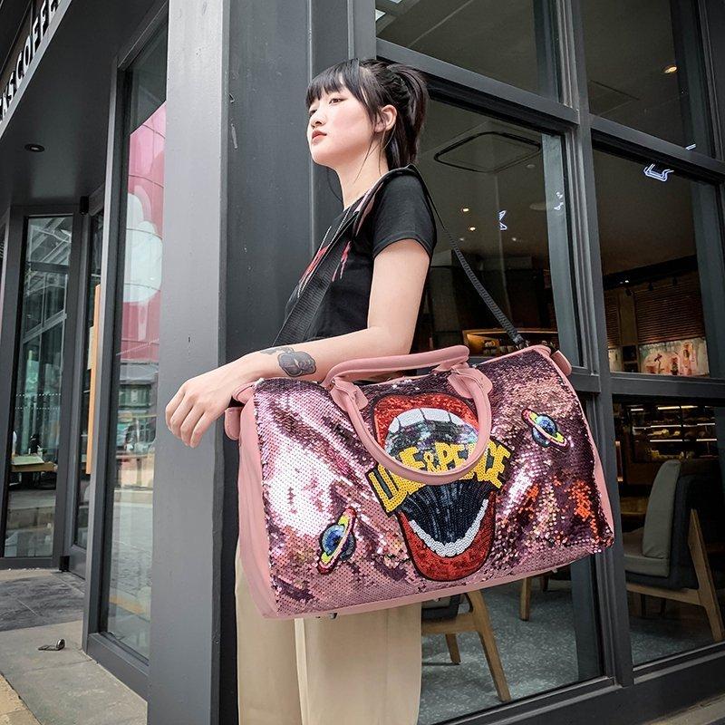 Travel Bag PU Sequins Handheld Shoulder Bag Sports Gym Bag Large Capacity Luggage Bag Fashion Bag