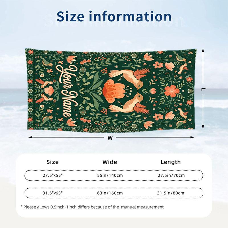 Hummingbirds Floral Harmony Theme Quick Dry Beach Towel Custom Name Text Print Large Sand Resistant Towel Beach Vacation