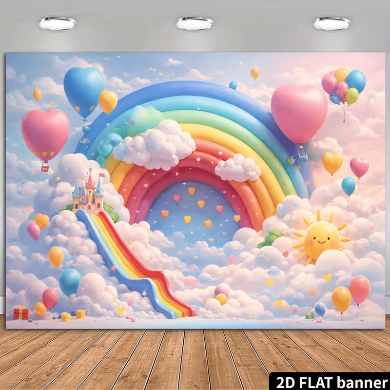 2D Rainbow Cloud Castle Tapestry, Colorful Balloon Kids Room Background