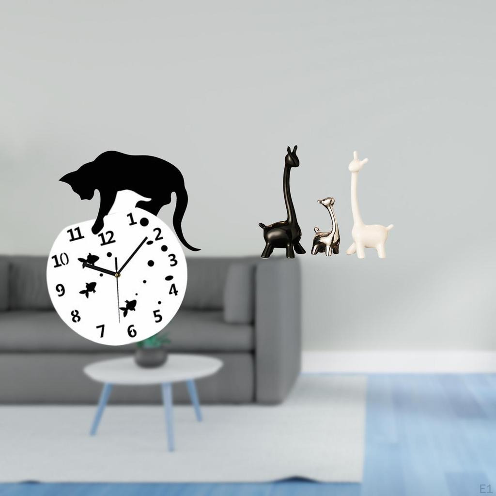 Silent Hanging Cat Clock with Giraffe Figurine Ceramic Centerpiece Quiet Movement for Living Room