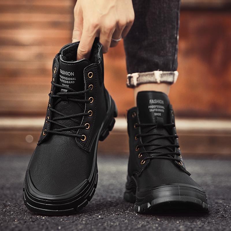Fashion Tooling Boots Men Winter Casual Leather Shoes Ankle Men's Biker Boot Young Fashion Water Proof Full Black Non-slip Male Footwear