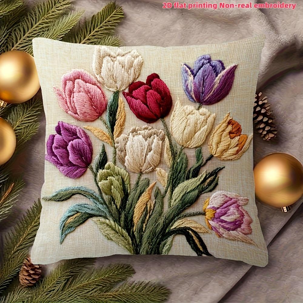 2D flat- Vintage Tulip Floral Throw Pillow Cover 2D Flat Printed Decorative Cushion Case For Home Sofa Bedroom Living Room