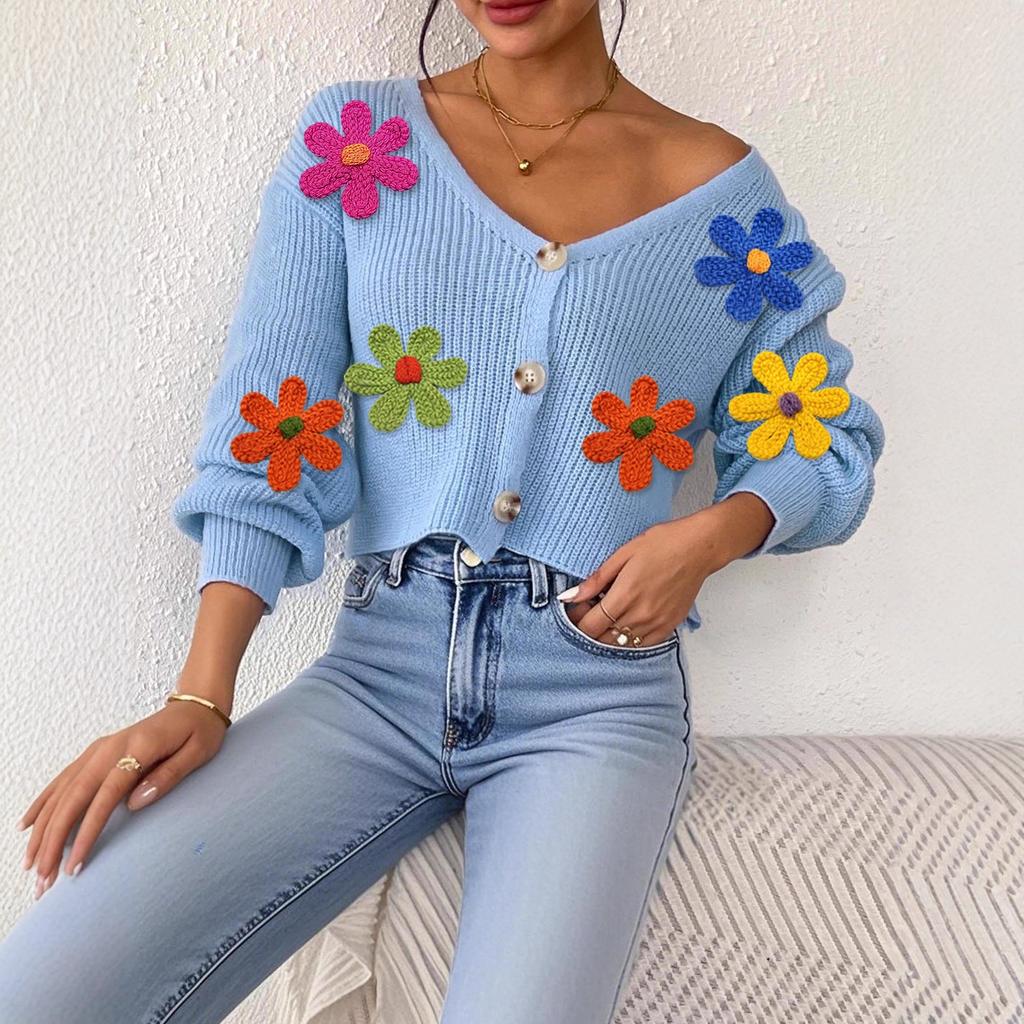 New Autumn and Winter Collection: Three-dimensional Embroidery, Colorful Flowers, Buttoned Cardigan, Sweater, Short Coat for Women