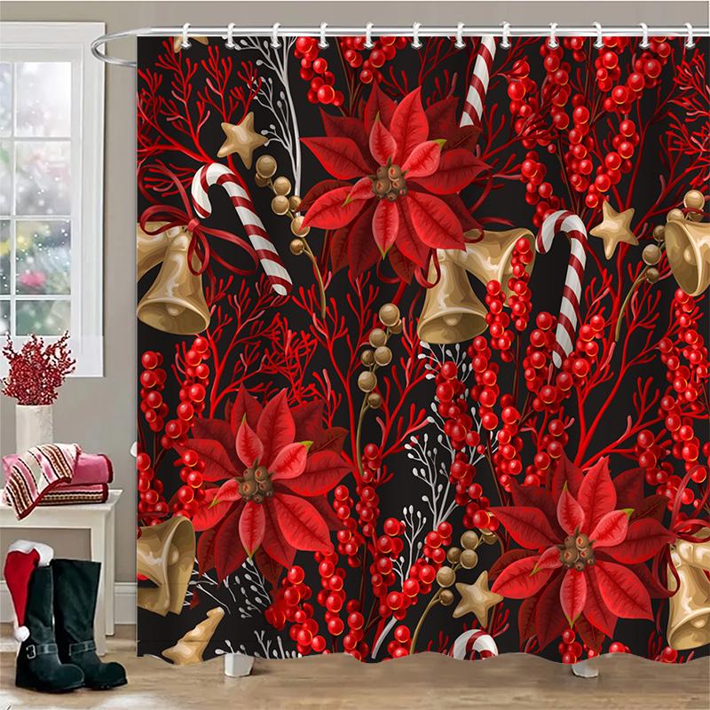 Christmas Decorations Floral Pattern Bathroom Shower Curtain With 12 Hooks Bathroom Decor And Accessories