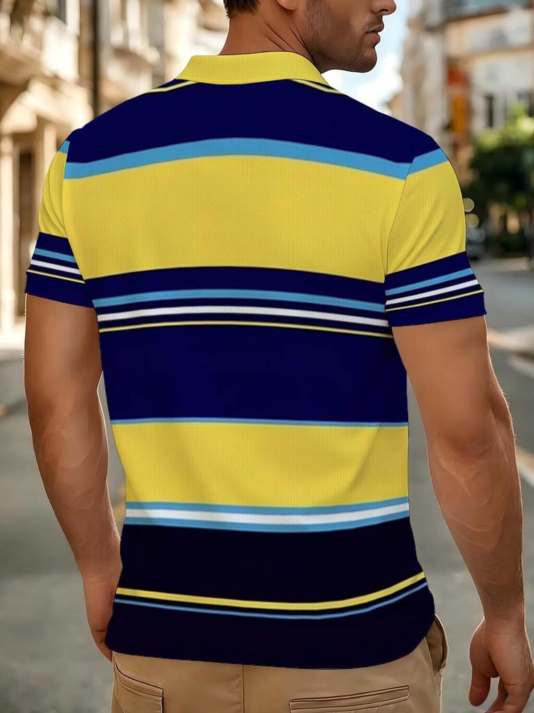 Men's Outdoor Short-Sleeve Polo Shirt with Printed Design (Not Textured), Available in Multiple Sizes. Men's Lapel Polo with Striped Print. Men's Top