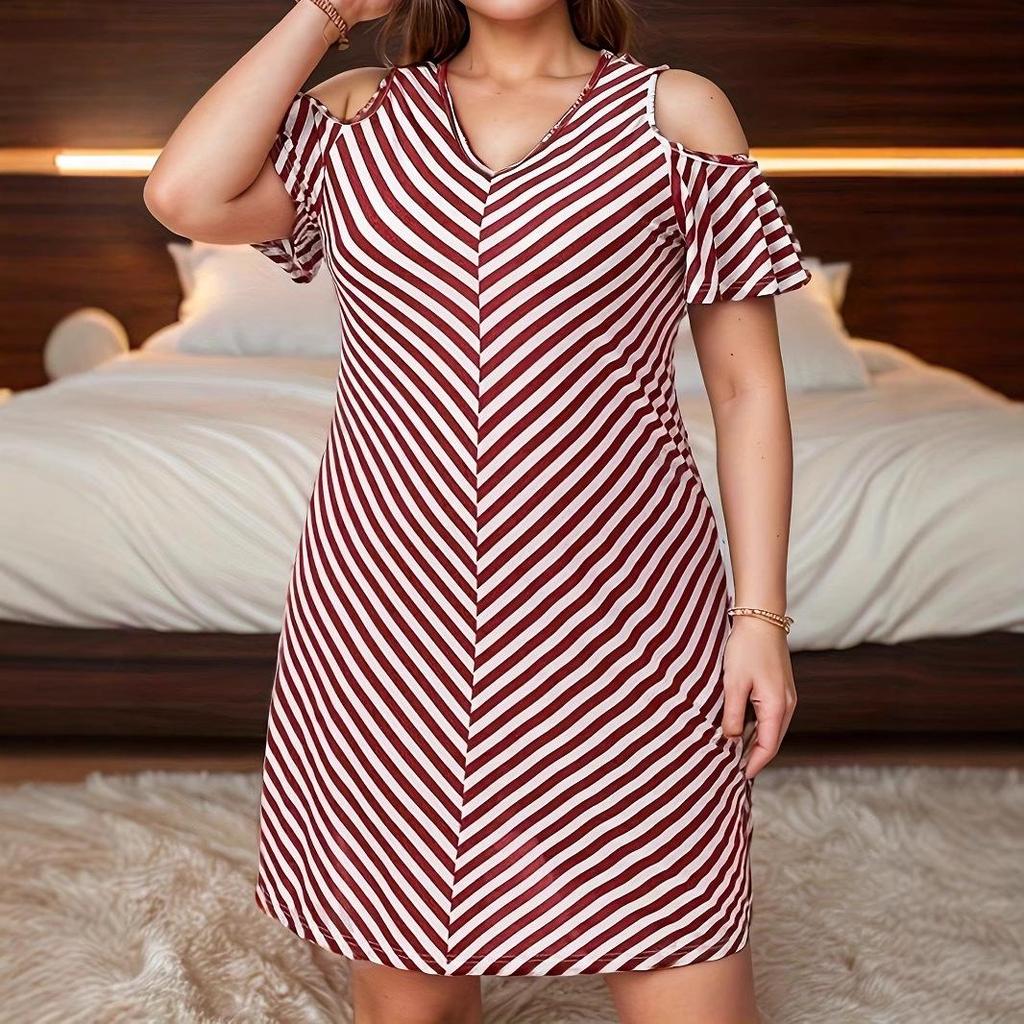 2025 Summer Women's Plus Size Off-the-Shoulder Striped Casual Dress