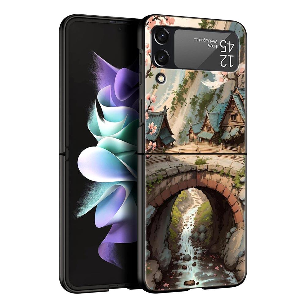 Landscape Art Phone Case For Samsung Galaxy Z Flip3 Flip4 Flip5 PC Bumper Shell For Z Flip 3 4 5 Black Hard Folding Back Cover