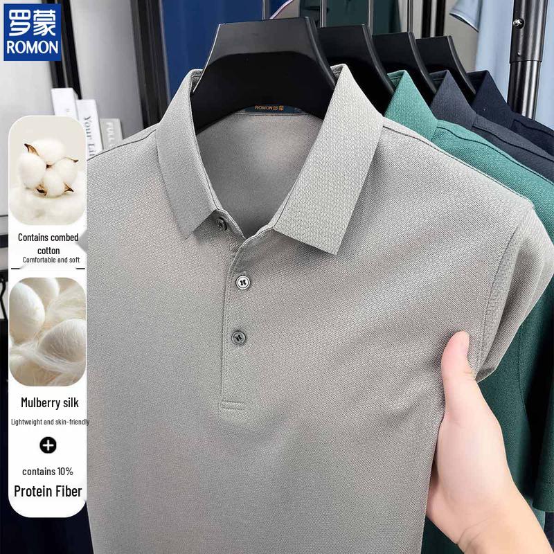ROMON Men's 10% Silk Blend Casual Polo T-shirt