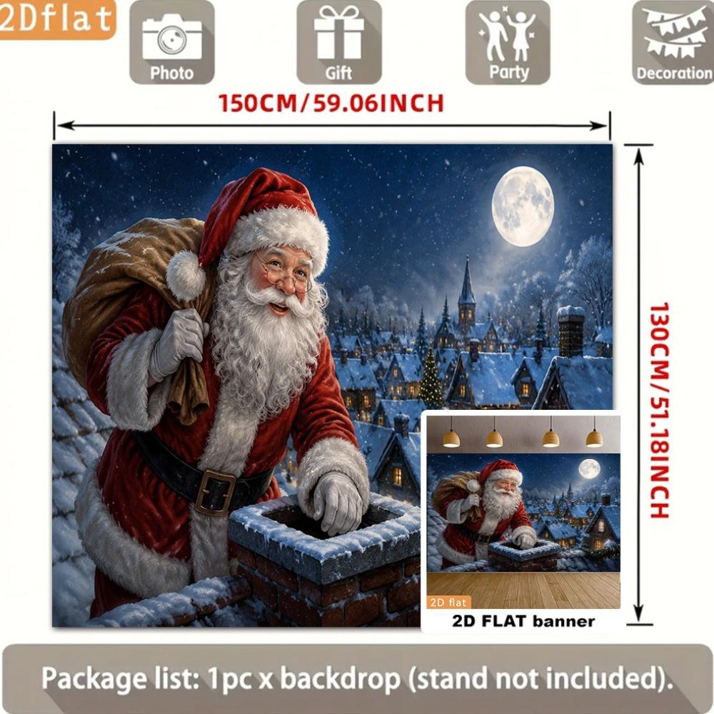 Christmas Party Backdrop Banner, Santa Climbing Chimney Scene, Xmas Holiday Photo Background for Indoor Outdoor Party Decor