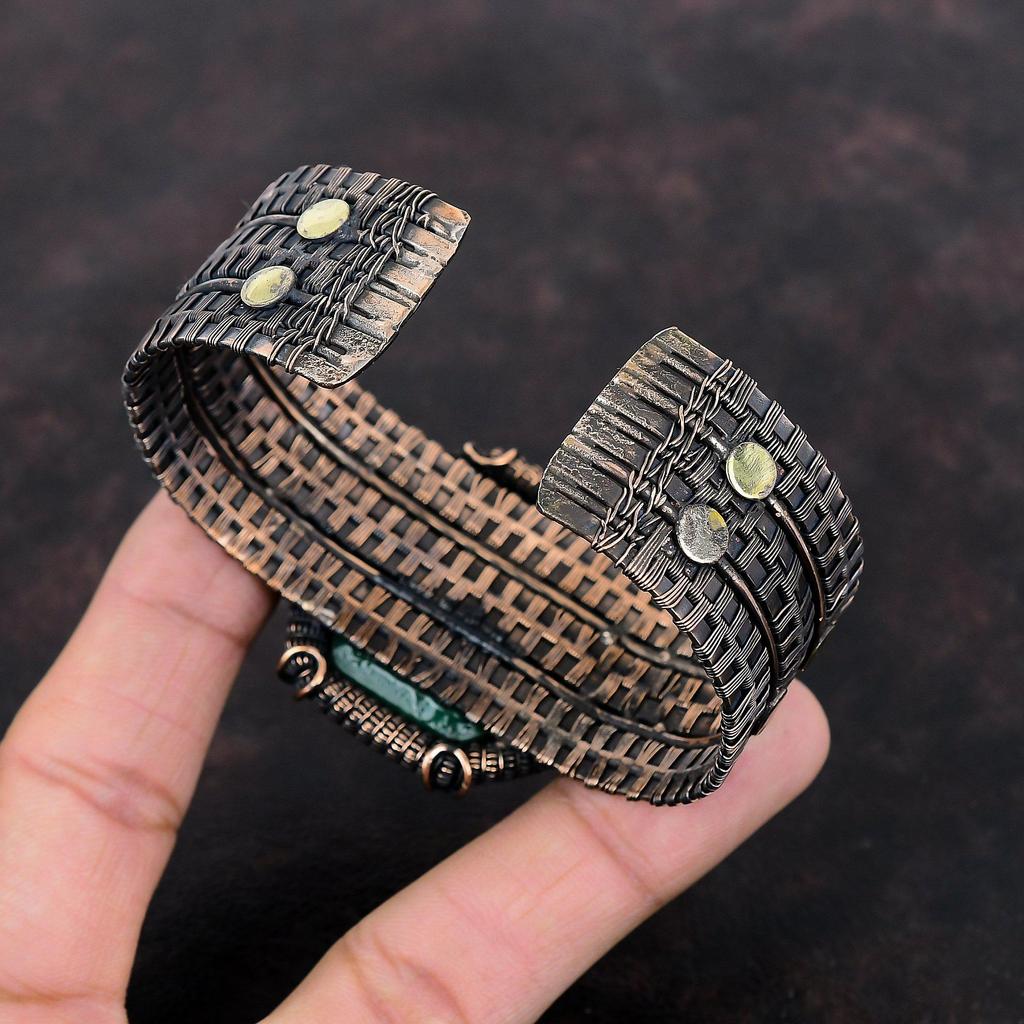 Faceted Zambian Emerald Bangle Copper Wire Wrapped Cuff Bracelet Adjustable Bangle Handmade Gemstone Bangle Copper Wire Jewelry Gift For Her