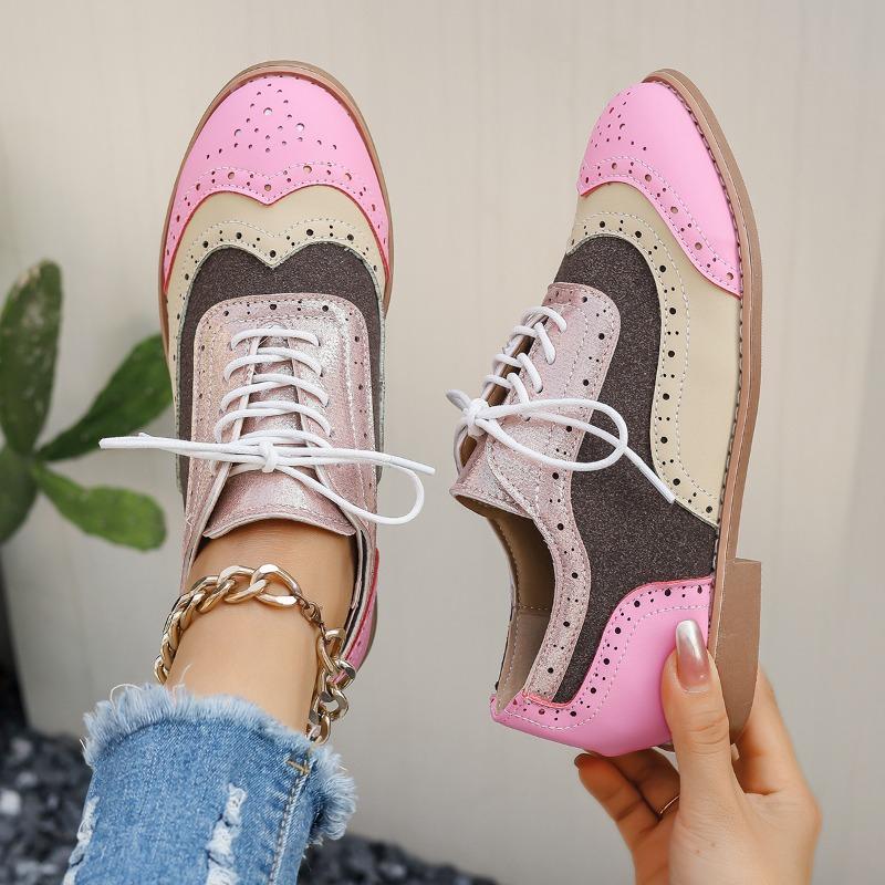 Spring and autumn burning flower block single shoes women's color matching lace-up round head single shoes women