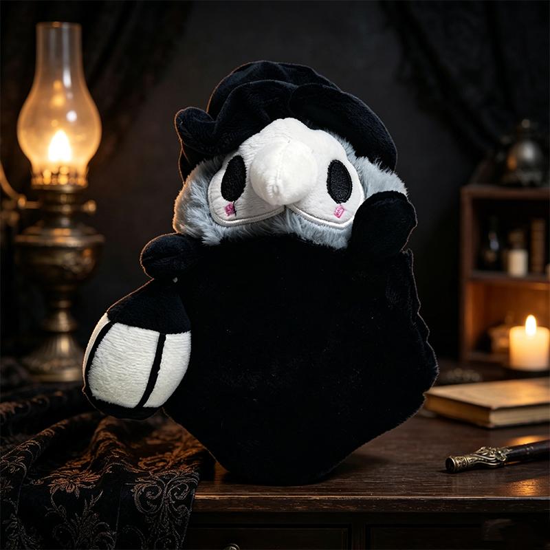 Black Gothic Character Plush Doll With Wide Brim Hat Golden Cross Robe And Yellow Eye Detail Soft Stuffed Figure For Halloween
